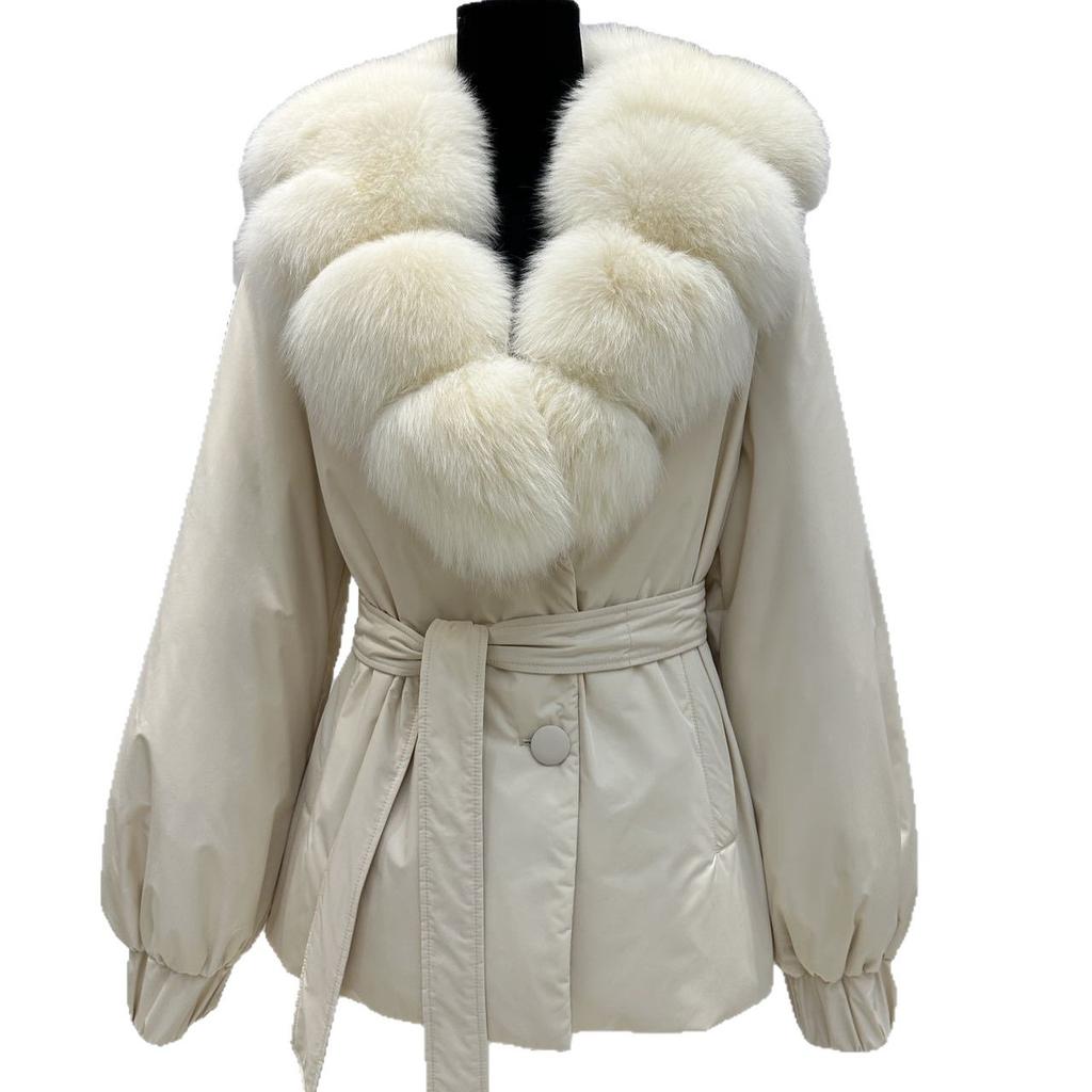 Autumn and Winter New Oversized Real Fox Fur Collar White Duck Down Jacket Medium and Long Waist Lace-up Thickened Warm Jacket