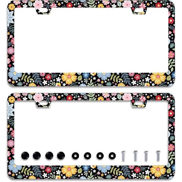 Personalise Colorful Floral Flowers License Plate Frame License Plate Frames Car Universal Stainless Steel Accessories Cars Decor With 2 Holes And