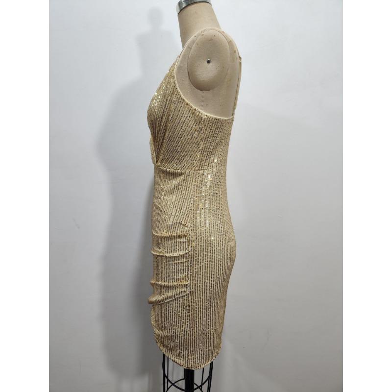 Women Sexy Sequined Deep V Neck Sleeveless Wrap Bodycon Mini Party Dress