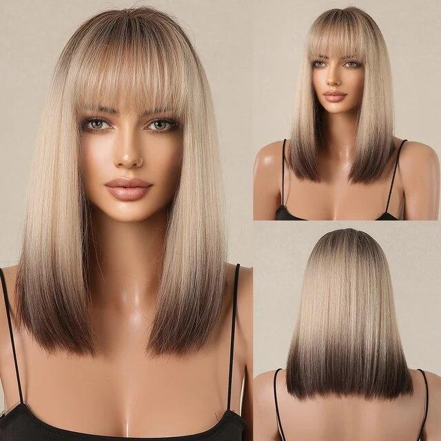 Blonde Silky Straight Synthetic Wigs with Bangs Medium Long Natural Platinum Wig for Women Cosplay Heat Resistant