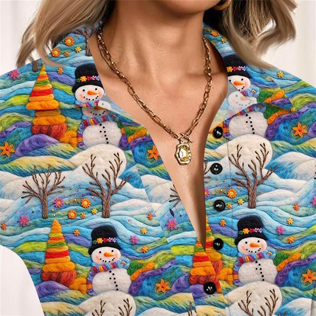 Damenmode Lässig Bedrucktes V-Ausschnitt Langarm Knopfleiste Oberteil