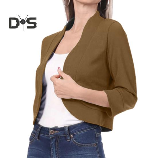 Women Blazer Short Coat Cardigan Open Stitch Solid Color Loose Spring Fall Jacket Three Quarter Sleeve Soft OL Commute Style Lady Jacket