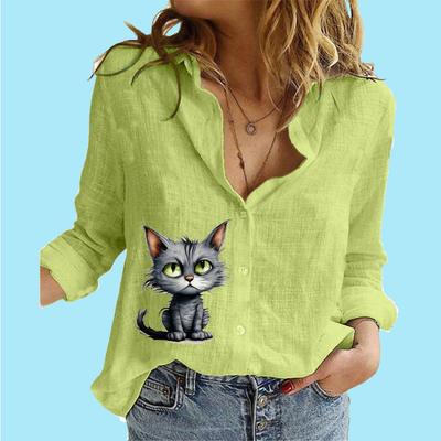 Damenmode Geknöpftes Langarmhemd Damen Lässiges Dünnes Baumwoll-Leinen-Print-Oberteil Stehkragen Langarmblusen