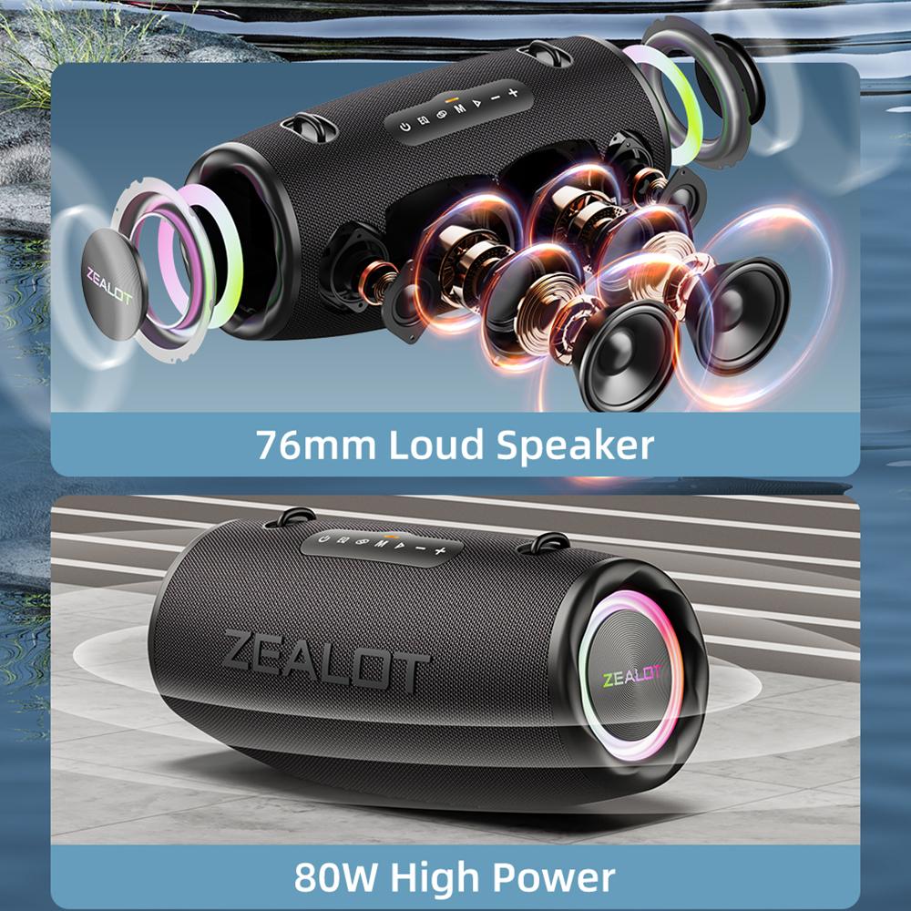 ZEALOT S87 BT Speaker Wireless Stereo Speaker with 80W Booming Sound LED Lights Waterproof Portable Speaker for