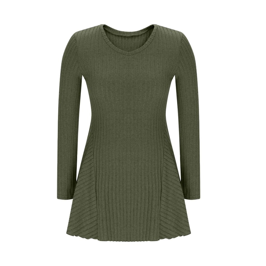 Women's Fashion Casual Color V-neck Long-sleeve A-line Dress