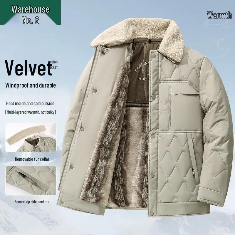 Men's Winter Lapel Jacket with Lambswool Fur Collar & Nano Mink Velvet - Thickened Warm Cotton