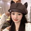 Cute Cartoon Cat Ears Pu Leather Beret Female Niche Literary and Retro Face Small Cloud Painter Hat Tide