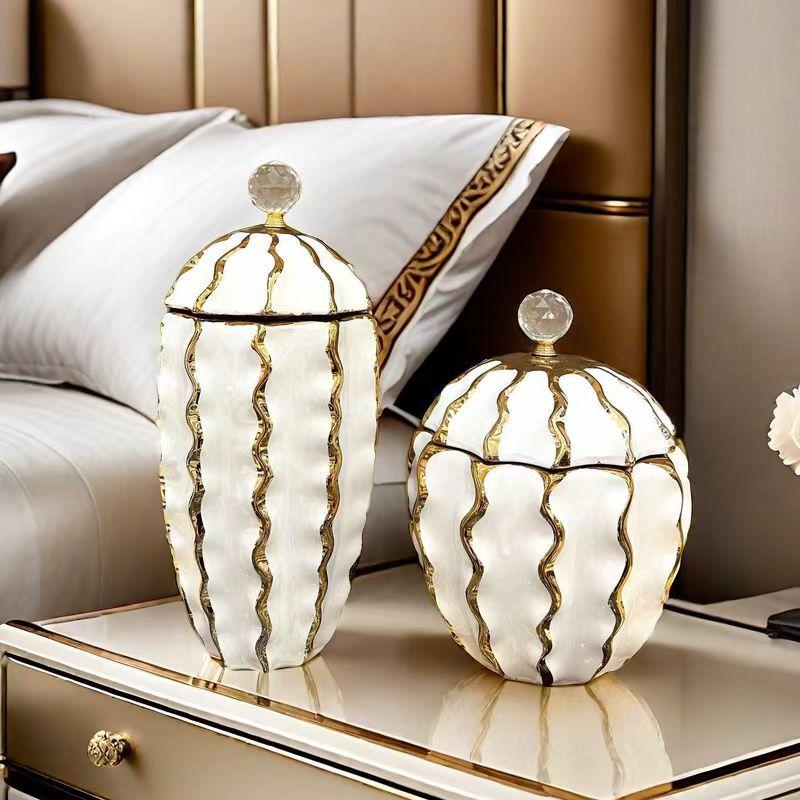 Ceramic Pot Golden Checkmate Jar Wavy Gilt Storage Tank Flower Vase Desktop Storage Container Home Decoration Accessories
