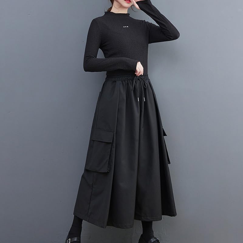 KOXIFLI Hakama Cropped Elastic Plus Winter Women's Wide-Leg Pants, Length, Black, Waist, Sizes, Spring, Autumn, (Size M, Black)