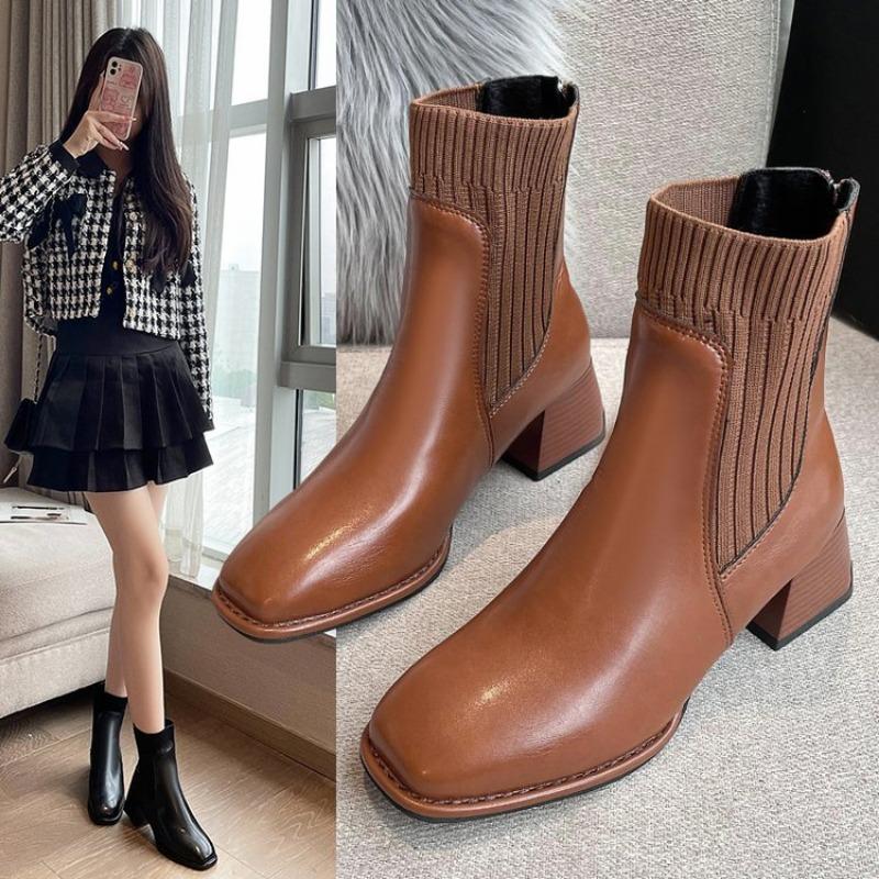 Shoes for Women Basic Square Toe Woman's Boots Elegant Dress Shoes Comfortable High Heel Ankle Boots Botines Para Mujeres
