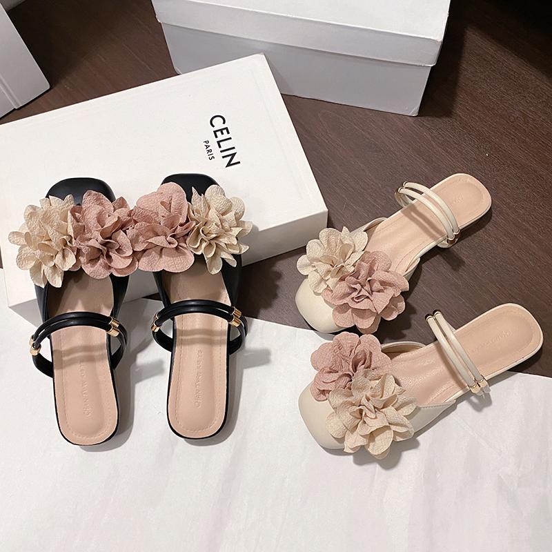 Fashion Slippers Women 2025 New Flowers Luxury Slideshow Soft Designer Summer Low Heel Beach Floral Women's Shoes Zapatos De Mujer