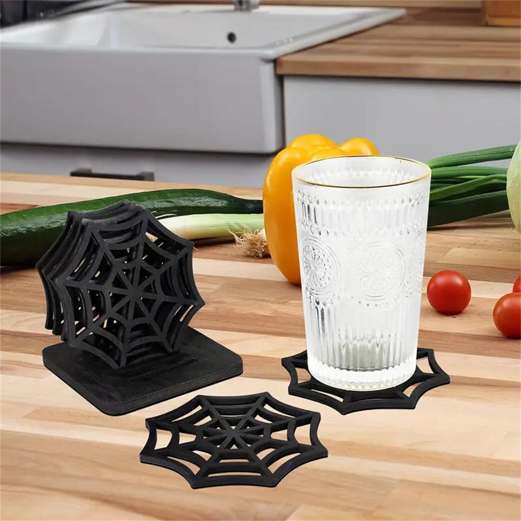 Wooden Coaster for Halloween Halloween Coaster Halloween Spider Web Coasters Durable Hollow Wooden Table Placemats for Home