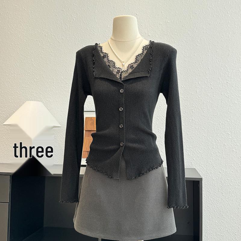 French Lace Patchwork V-neck Knit Cardigan for Women - Slim Fit Autumn/Winter Top