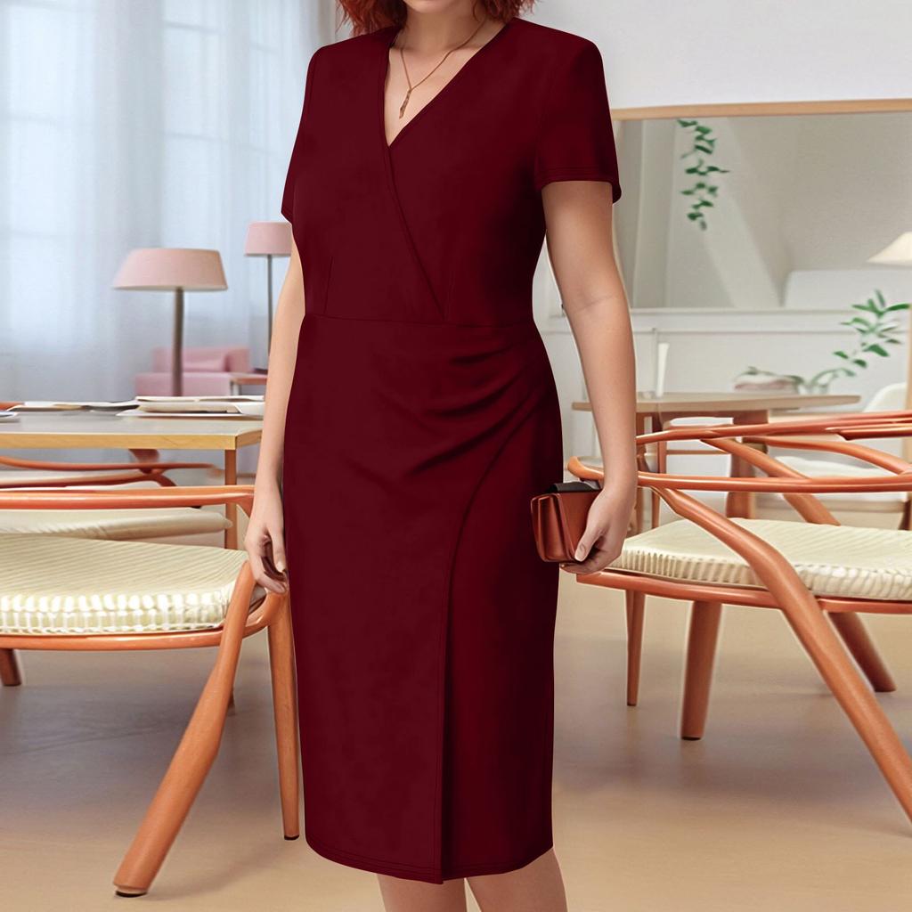Women's Summer Shaping Dress V Neck Short Sleeve Ruffle Dress
