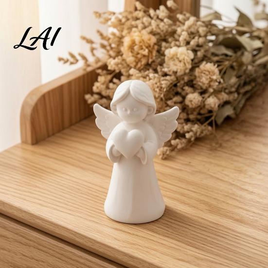 French Country Room Decoration 3D Printed Angel Heart Statue White Resin Praying Figurine for Tabletop Ornament Photography Living Bedroom,