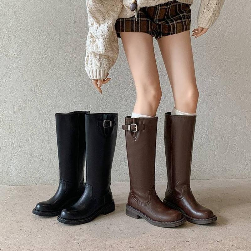 Autumn and winter women's leather boots leather large size women's boots middle heel sleeve cowhide versatile high boots new Martin boots women