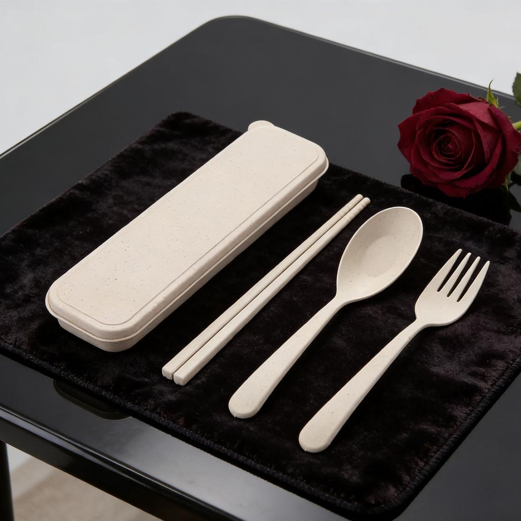Travel Utensils with Case Wheat Stalk Reusable Portable Camping Cutlery Fork and Spoon Set for Lunch Box Daily Use