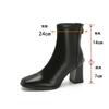 Full cowhide thin boots square head bare boots rear zipper autumn and winter velvet French thick high-heeled short boots women's single boots
