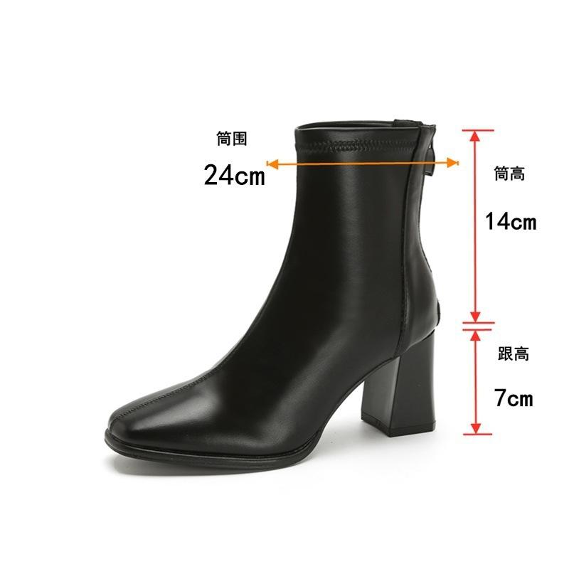 Full cowhide thin boots square head bare boots rear zipper autumn and winter velvet French thick high-heeled short boots women's single boots