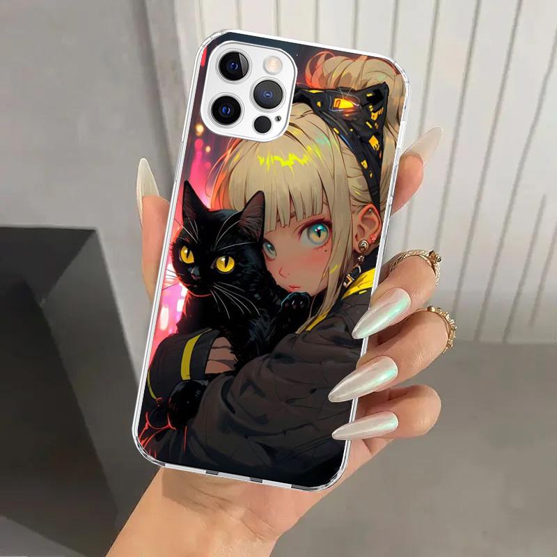 Anime Girls Cute Black Cat Phone Case for Iphone 17 Air 16 15 Plus 14 13 Mini 12 11 Pro Max 16E 7 8 SE 2020 Soft Funda Print She