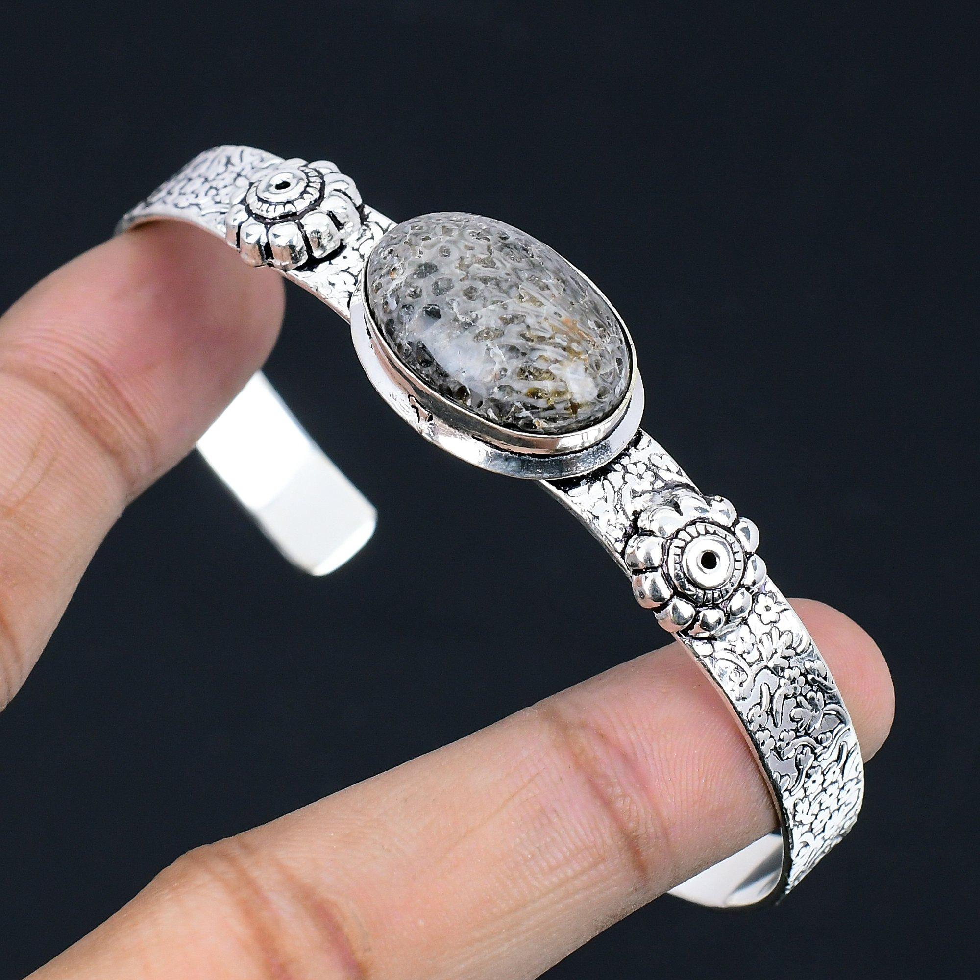 

Womens day Deal Oval Natural Stingray Coral Sterling Silver Wife Bangle Jewelry Adjustable