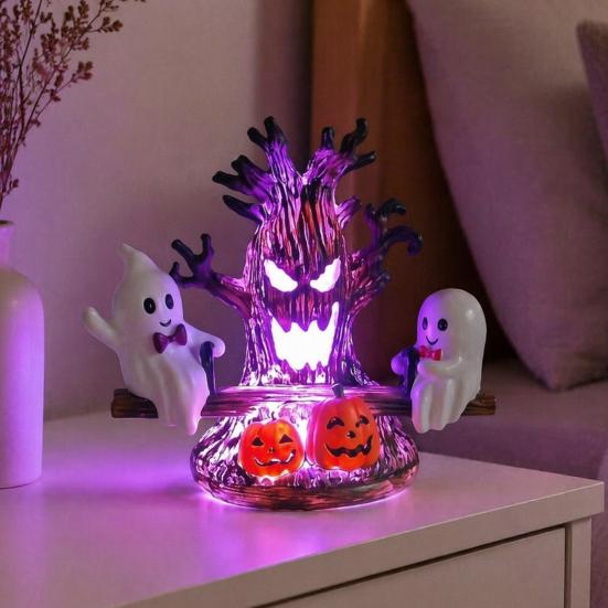 Animated Ghost Lamp for Desk Seesaw Light, USB Powered 3D Night Cute LED Fun Halloween Table with Spooky Tree And Pumpkin Design, Decor Bedroom Living