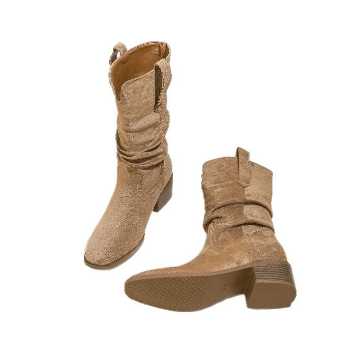 Leather Vintage Maillard Boots Inner Heightening Western Cowboy Pleated Khaki Pile Boots High Heel Knight Boots