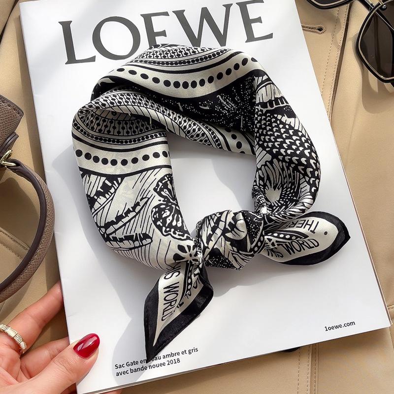 [] Nordic black and white undead bird versatile silk square scarf spring autumn winter mulberry silk silk scarf fashion scarf
