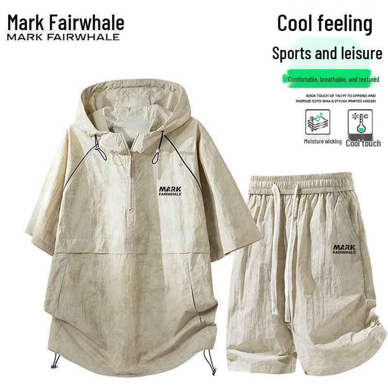 MARK FAIRWHALE Men s Summer Ice Cool Hooded T-shirt & Shorts Two-piece Set L