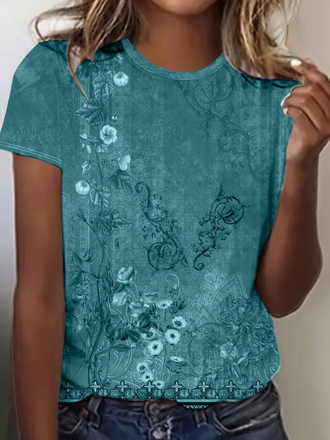 Женская футболка - Графический рисунок с винтажным цветочным кружевом, Элегантный ретро-принт для повседневной носки XS