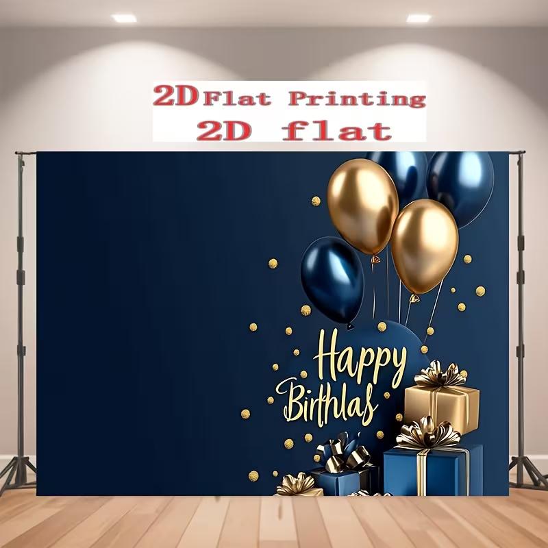 2D Blue Gold Balloon Birthday Photo Backdrop Men Party Decor Cloth