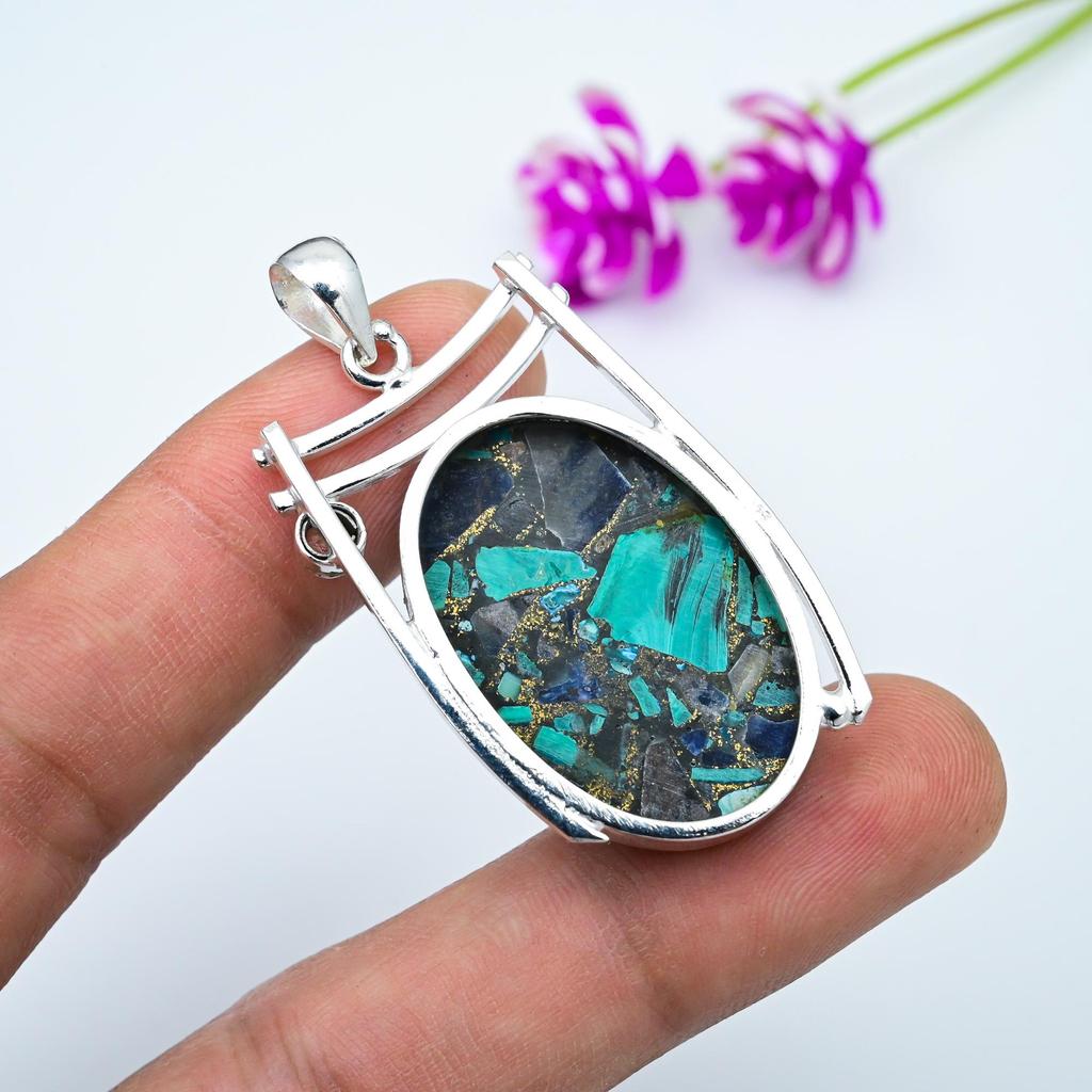 Kobber Azuritt Malakitt, Hvit Topas Anheng, 925 Sterlingsølv Edelstenssmykker, Håndlaget Anheng, For Minnedagen