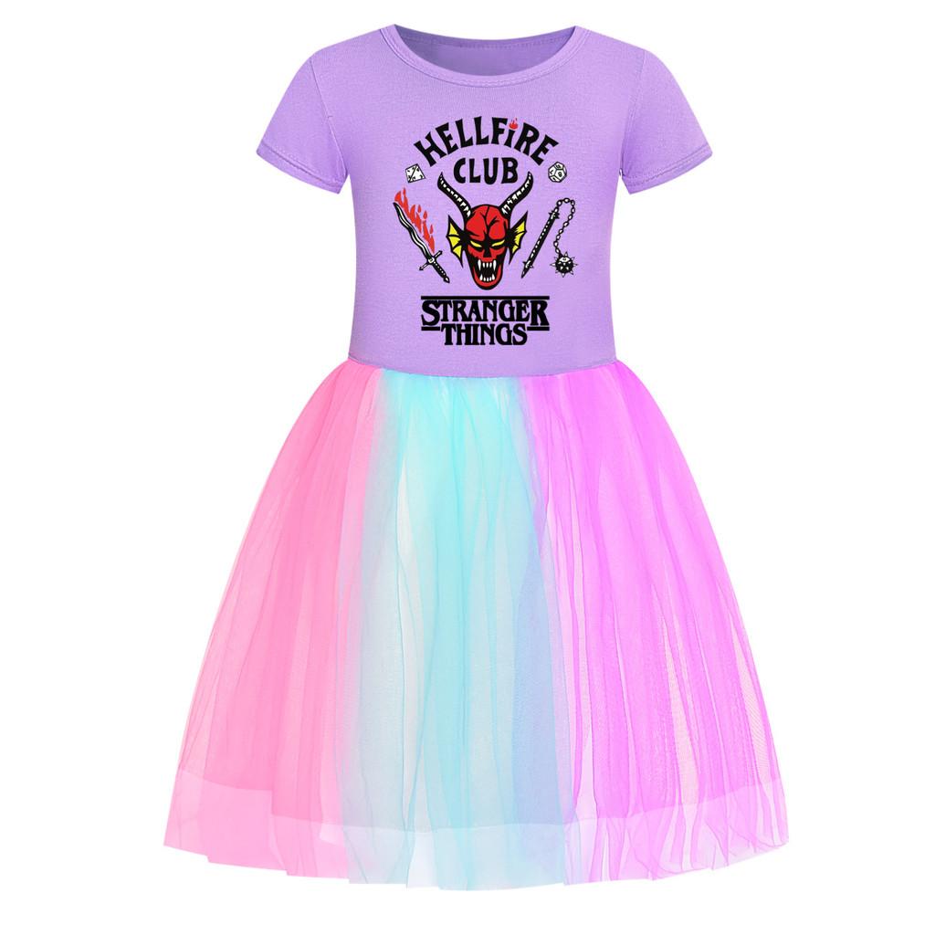 5253 Kids Girls Stranger Print Mesh Rainbow Round Neck Casual Casual Cotton Dress