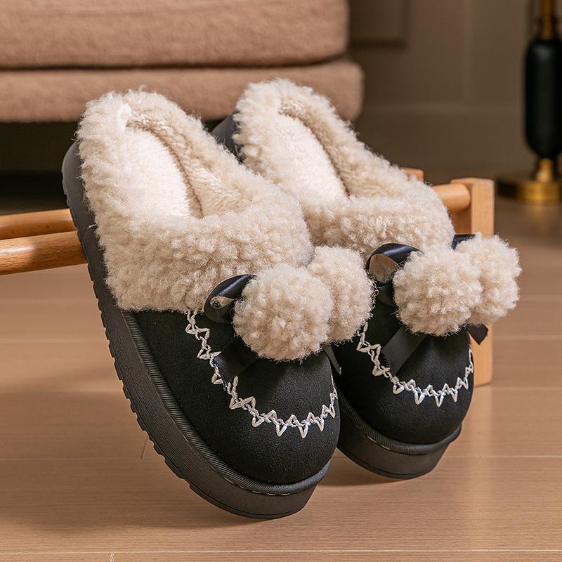 Fluffy Pom-pom Cotton Slippers Women's Winter Indoor Home Non-slip Thick Bottom Velvet Warm Outer Wear Cute Cotton Drag Women's Models