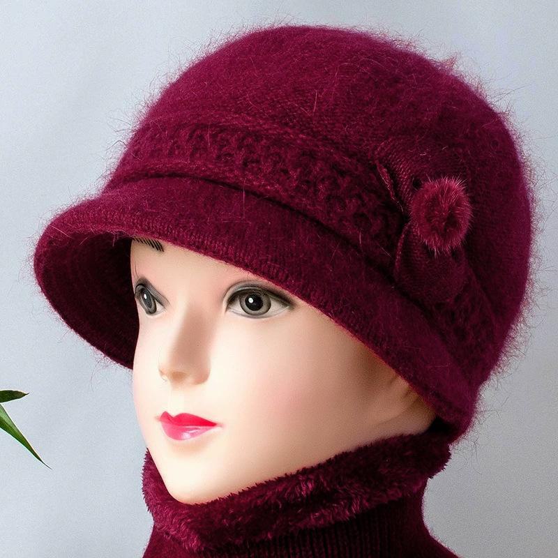 Elegantní vlněná čepice a šála pro zralé ženy - Plus sametově hřejivé, pletenina z veverčí vlny, všestranný design pro podzim/zimu