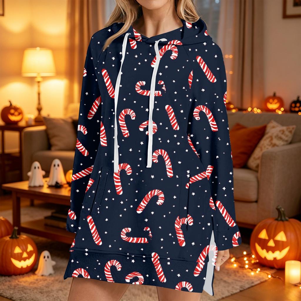 Women's Christmas Print Long Sleeve Hooded Sweatshirt with Festive Holiday Design