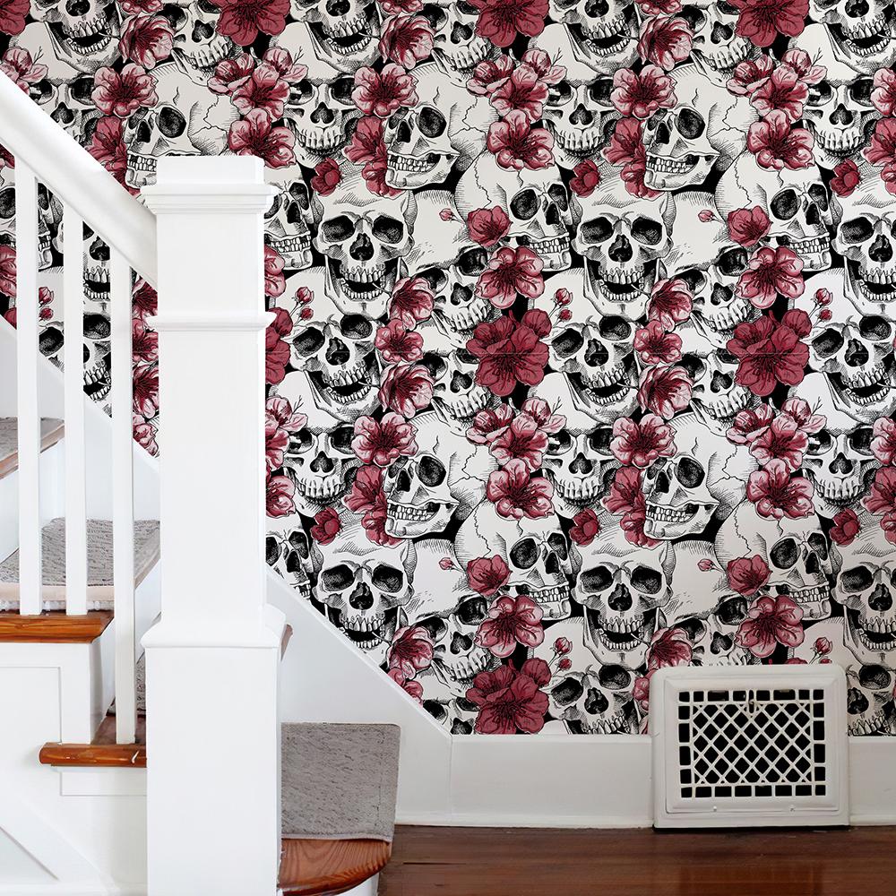 

Красный Череп Хэллоуин Обои Самоклеящиеся Ретро Самоклеящийся Цветочный Декор Черепа Контактная Бумага Водонепроницаемая Наклейка для Шкафа 44cmx1000cm