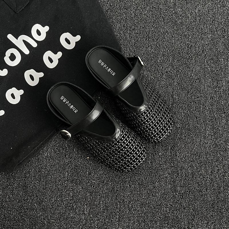 

Flat bottom bag head half slippers women s outer wear summer new hollow mesh breathable comfortable soft bottom cool slippers 35 чёрный