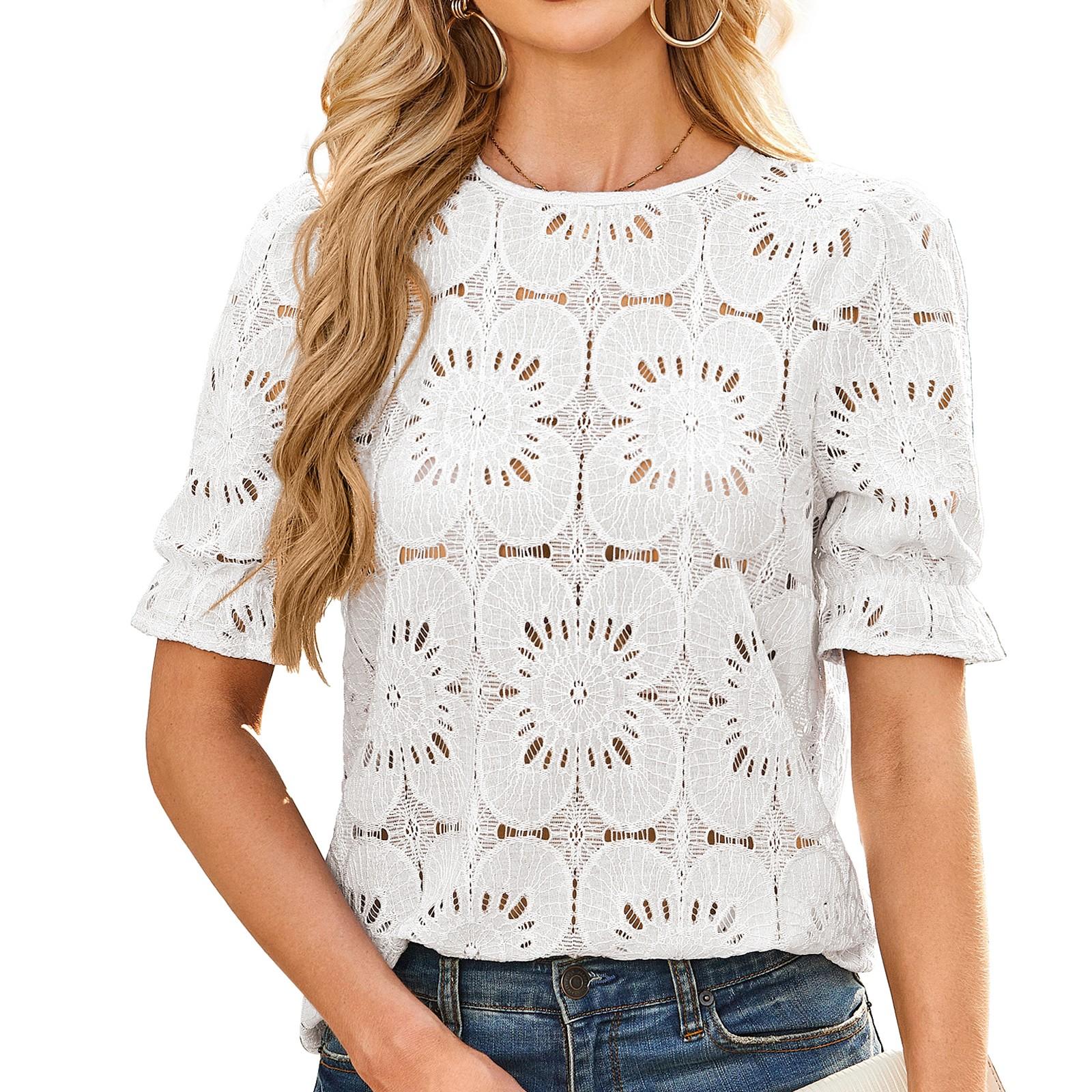 

Женская модная повседневная рубашка с короткими рукавами и кружевом-пузырем XL белый
