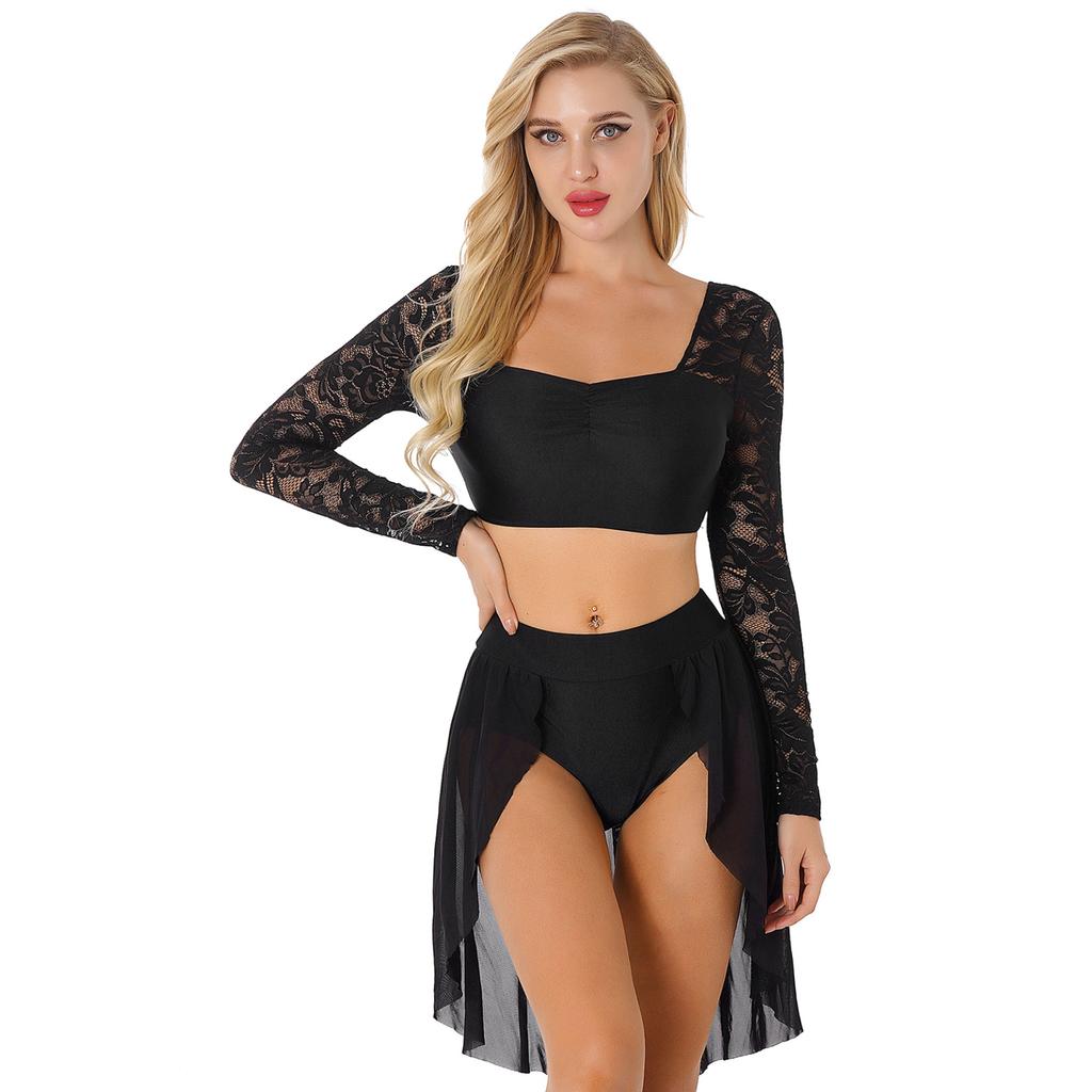 Women Lyrical Dance Costume Lace Sleeves Crop Top Chiffon Flowy Skirted Leotard Two Piece Outfit