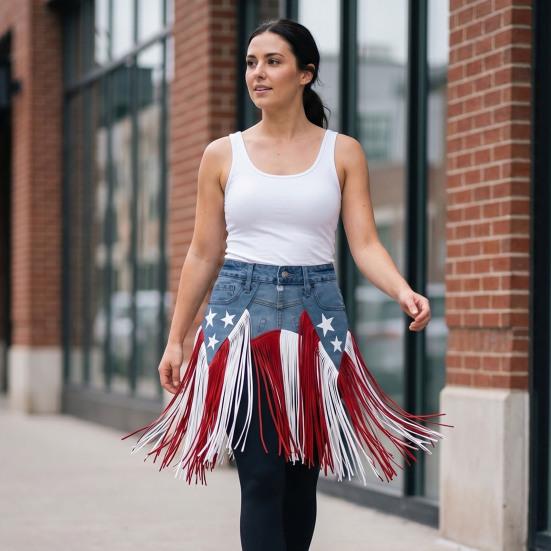 Cintura Patriottica in Denim con Frange 250°, Cintura con Frange Stars And Stripes, Cintura Stile Western per Feste Celebrazioni per Donna