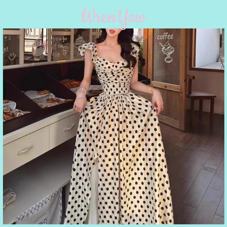 Polyester French Polka Dot Dress For Summer Beach Vacation With Short Princess Sleeves And Slim Fit