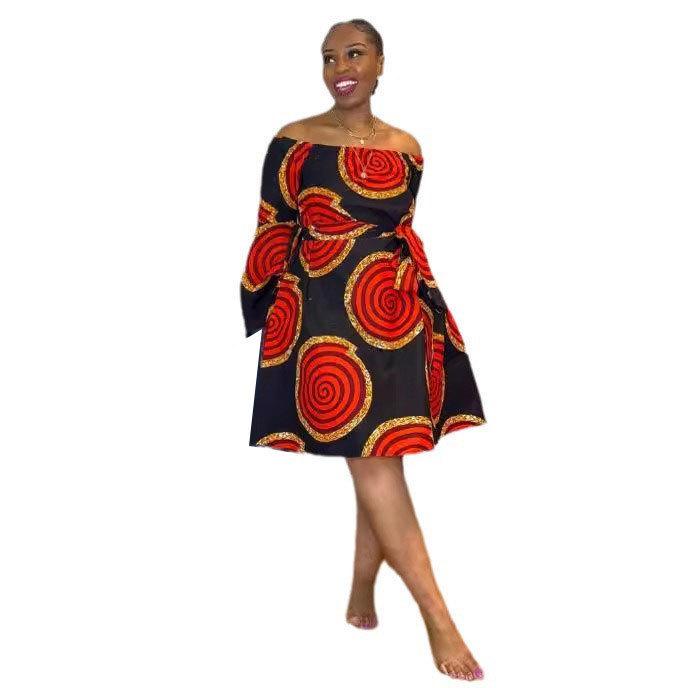 

European & American Printed A-Line One-Shoulder Short Dress with Tie-Up Design S чорний