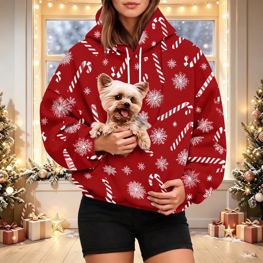 Women's Christmas Print Pet Pocket Hoodie, Fashion Hooded Sweatshirt for Holiday