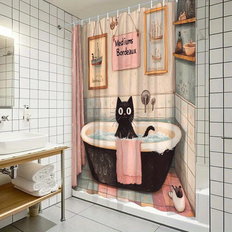 1pc Black Cat In Vintage Bathtub Shower Curtain - Nautical Theme, Pink Towel & Posters, 70.8x70.8", Polyester, 12 Hooks,Washable