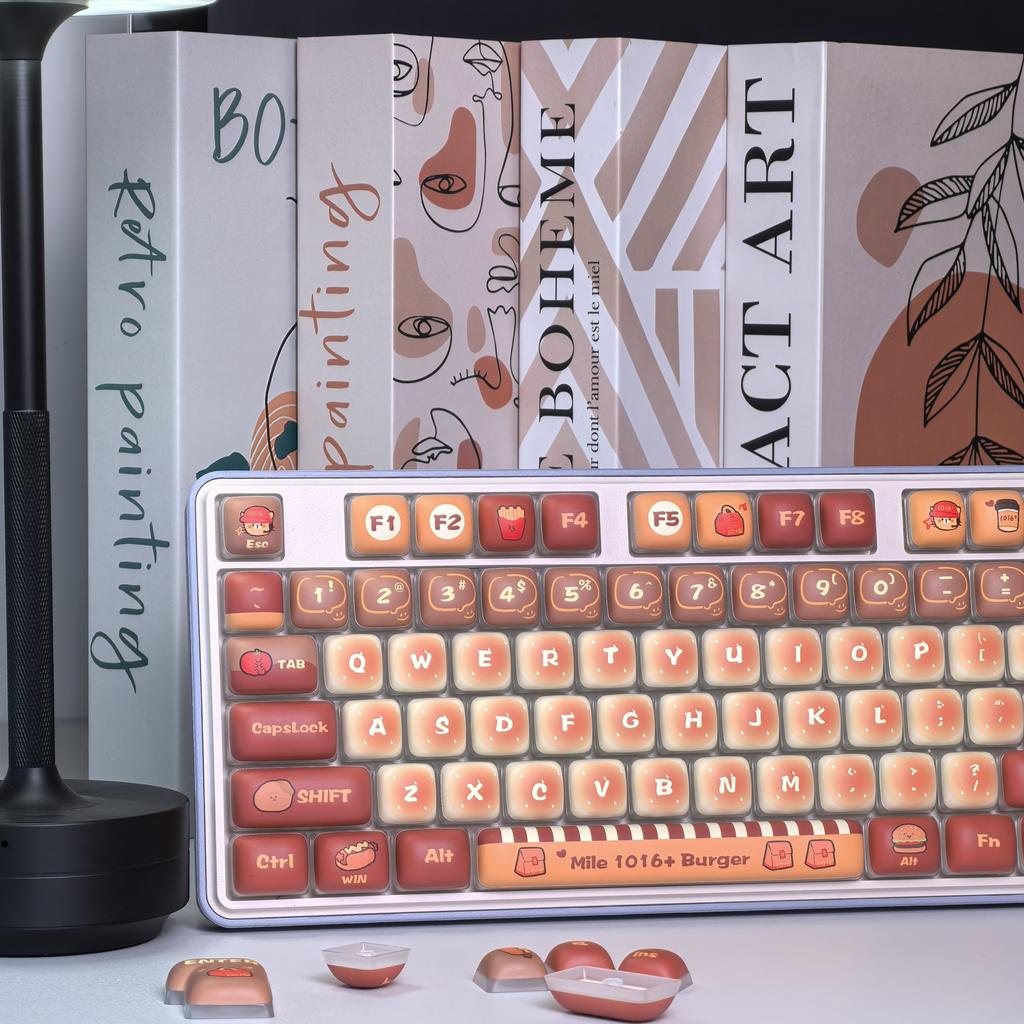 Cute MOG Bread Keycap 125 Keys PBT+PC Hamburger Fries Ice Cream Fast Food Theme Keycaps Orange Red Round Mantou Keyboard Caps