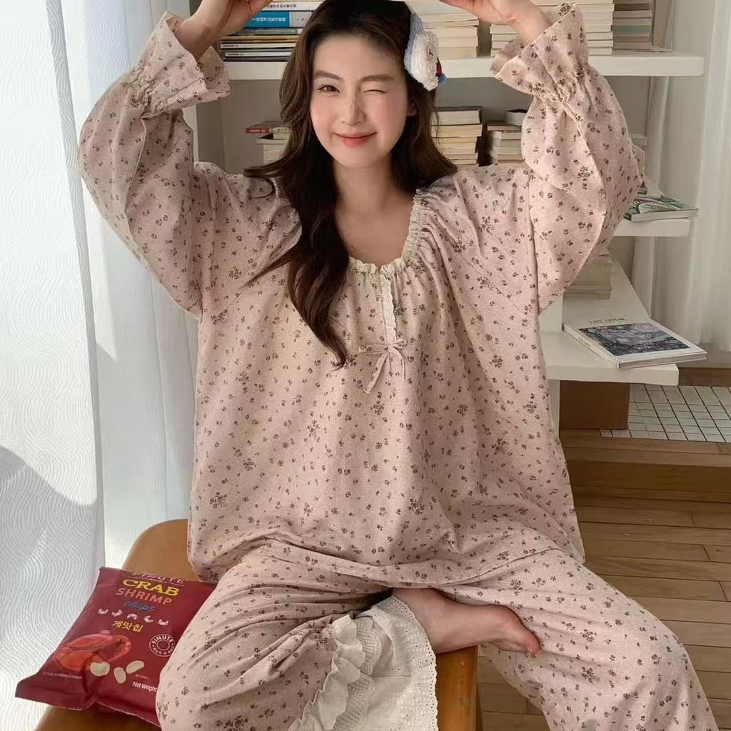 1011 new pajamas women's Korean small floral simple and comfortable lace set casual loose loungewear set