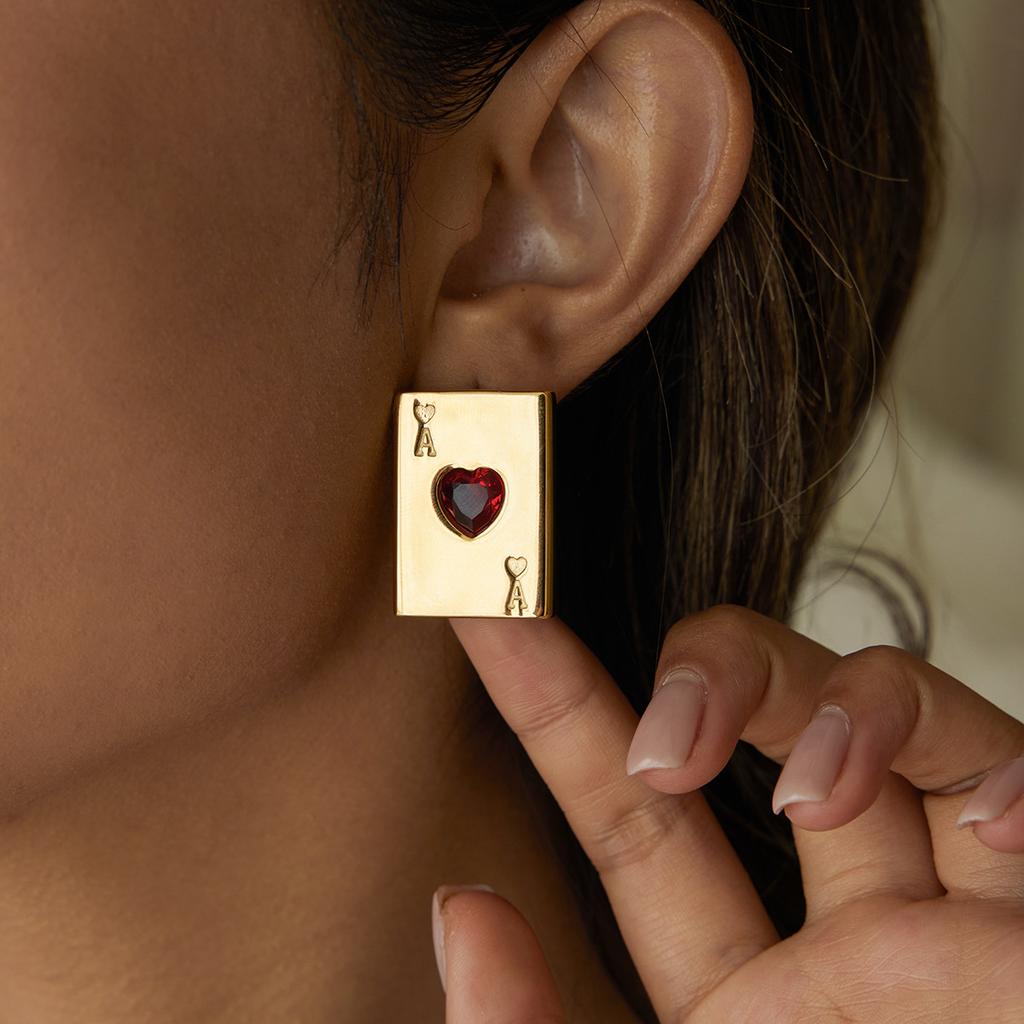 Minimalistischer 18K-Goldschmuck mit Liebes-Rot-Zirkonia-Spielkarten-Ohrringen
