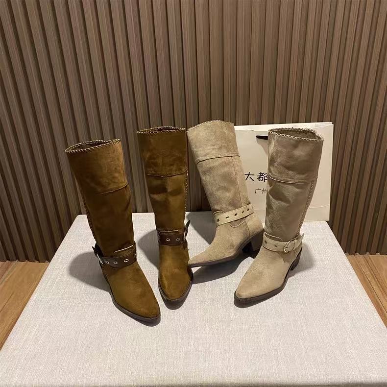 

2025 autumn and winter new fashion versatile lapel two wear wide tube stacking boots pointed western cowboy boots 35