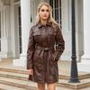 2023 European & American Mid-Length Belted Leather Trench Coat, Long Sleeve, British Style Outerwear for Women